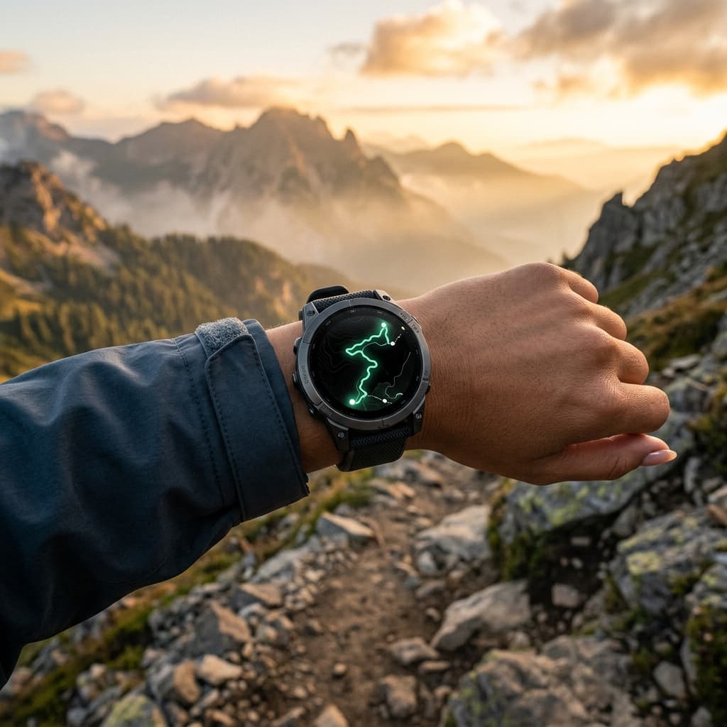 TrailScope running on a smartwatch, showing a glowing green trail route on the watch face while hiking on a mountain trail